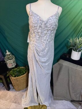 Silver Sequin & Lace Prom Dress with Spaghetti Straps